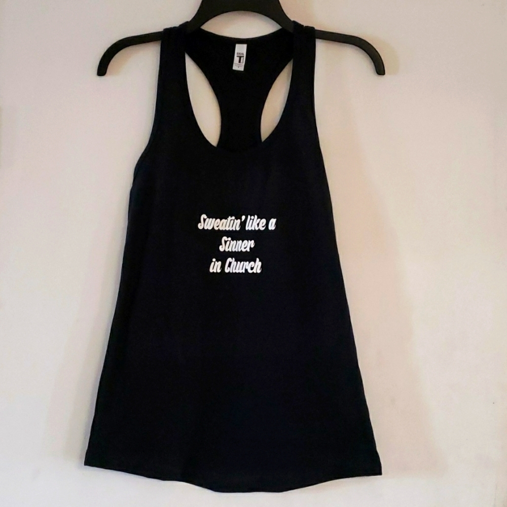 "Sweatin' Like a Sinner in Church" Black Racerback Tank Top